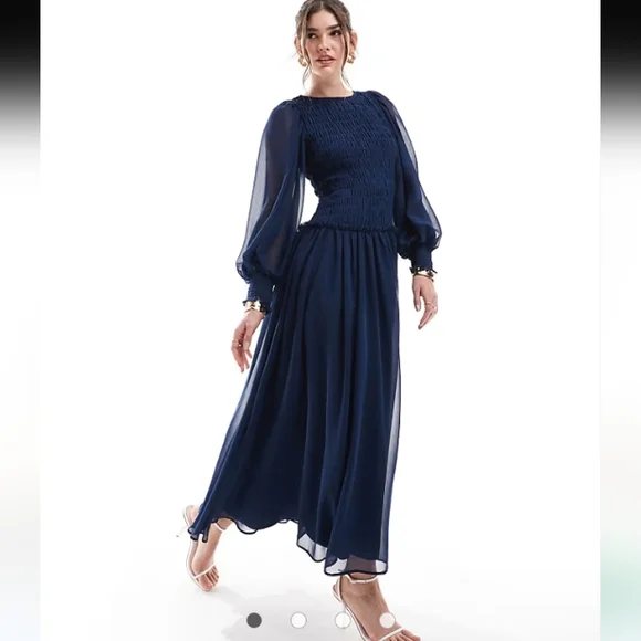 NWOT ASOS DESIGN smocked drop waist bodice teal blue midi maxi dress 4 - Picture 1 of 5